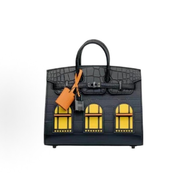 HERMES爱⻢仕 Birkin 20 ⿊扣 ⼥款 雾⾯⿊拼橙⾊拼琥珀⾊